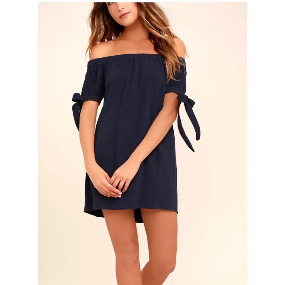 Lulus Dress Womens Small Blue Al Fresco Off Shoulder Tie Sleeve Mini Romantic